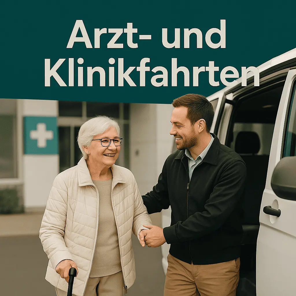 Seniorin wird vom Fahrdienstfahrer vor einer Klinik freundlich begleitet Arztfahrten Berlin