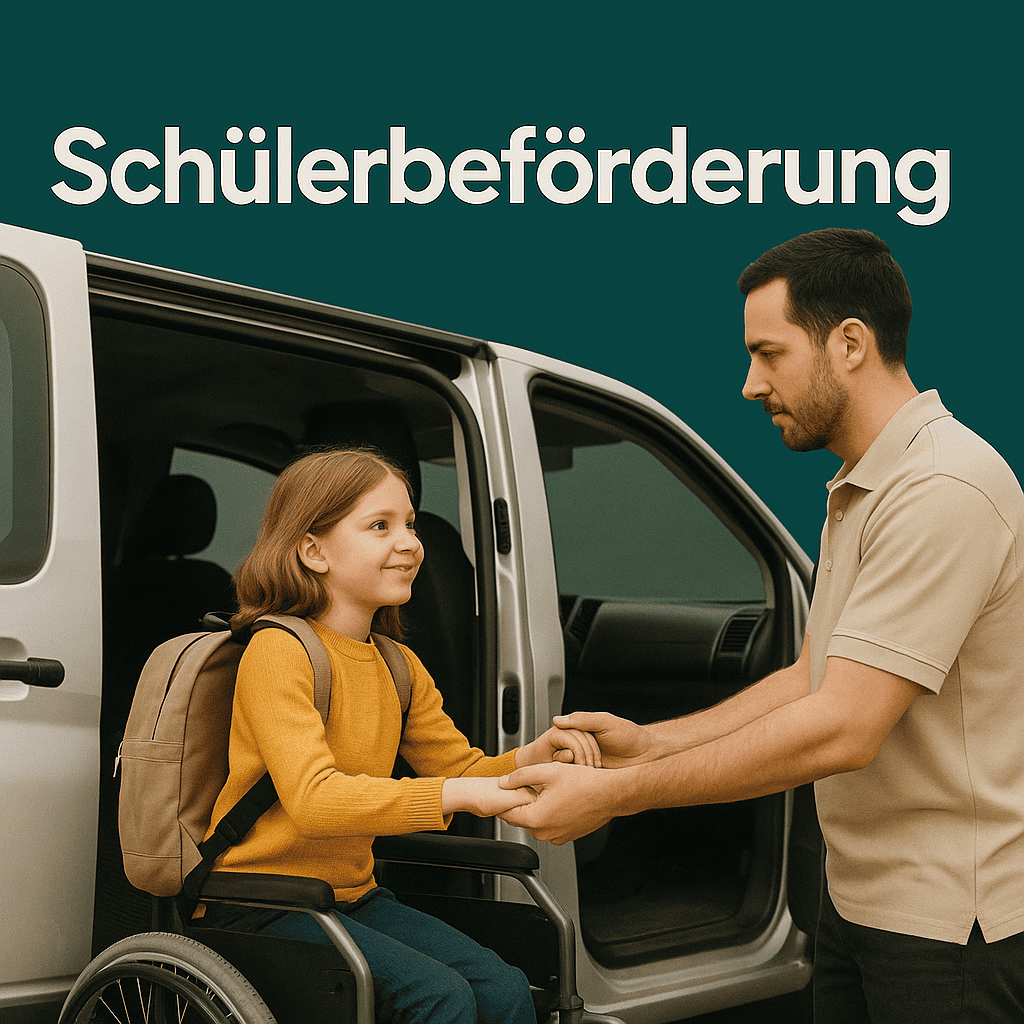 Kind mit Schulranzen wird von einem Fahrdienst in ein rollstuhlgerechtes Fahrzeug begleitet